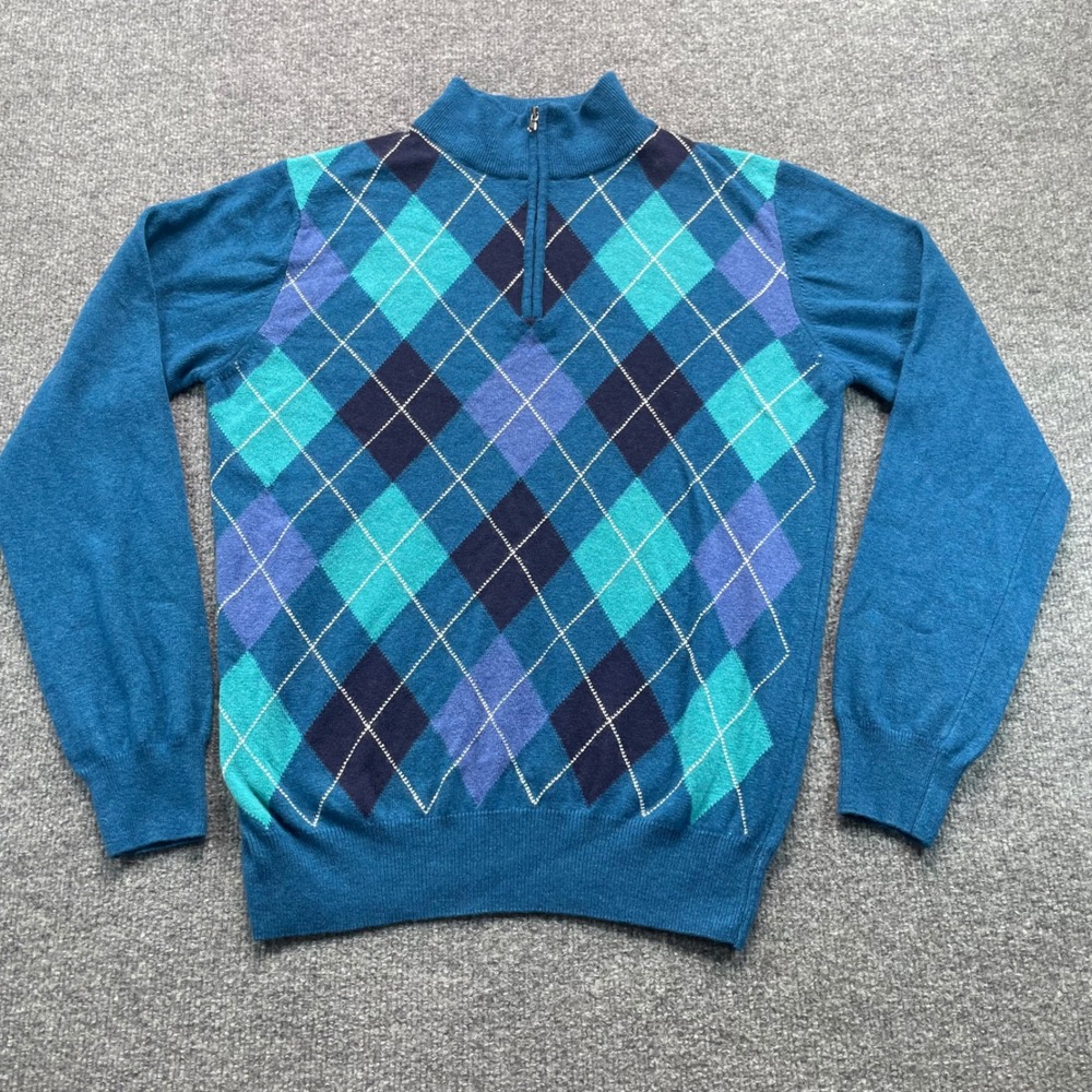 Tato Betti Sweater Mens M Blue Argyle Merino Cashmere Blend Quarter Zip Italy
